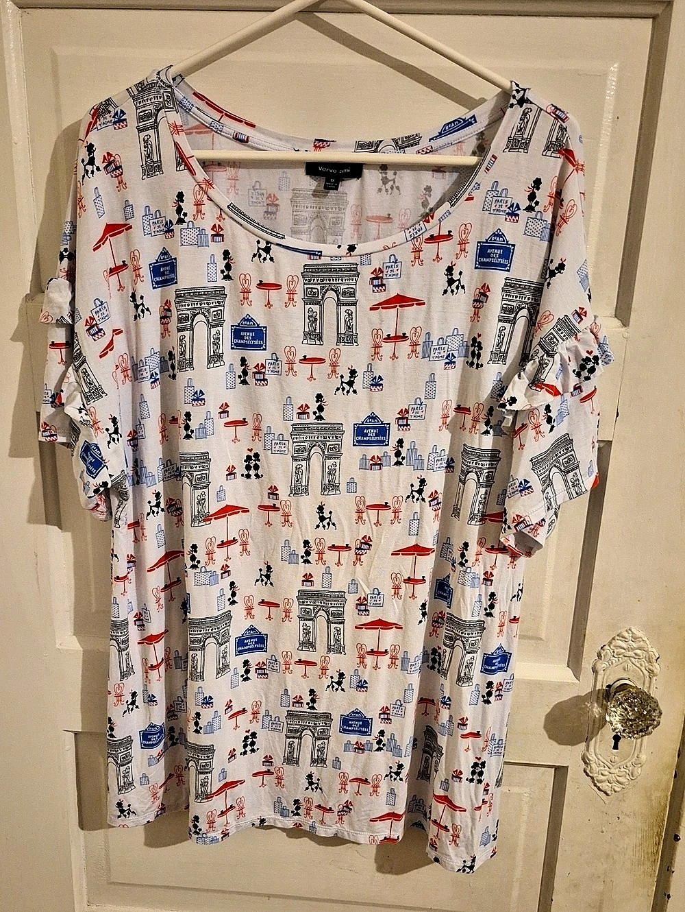 Verve ami Paris Print Ruffle Sleeve Tunic in White & Red Size 1X